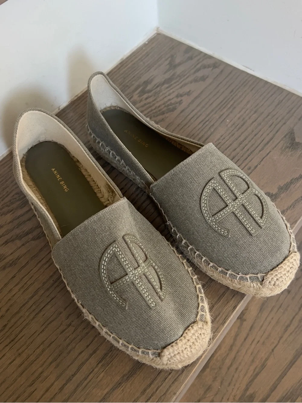 Anine Bing Paloma Embossed Logo Espadrilles in Desert Sage Green NWOB